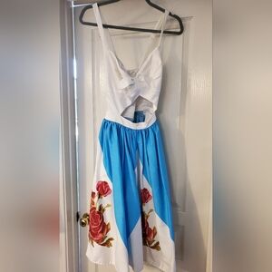 Chic White and Blue Dress with Red Floral Accents